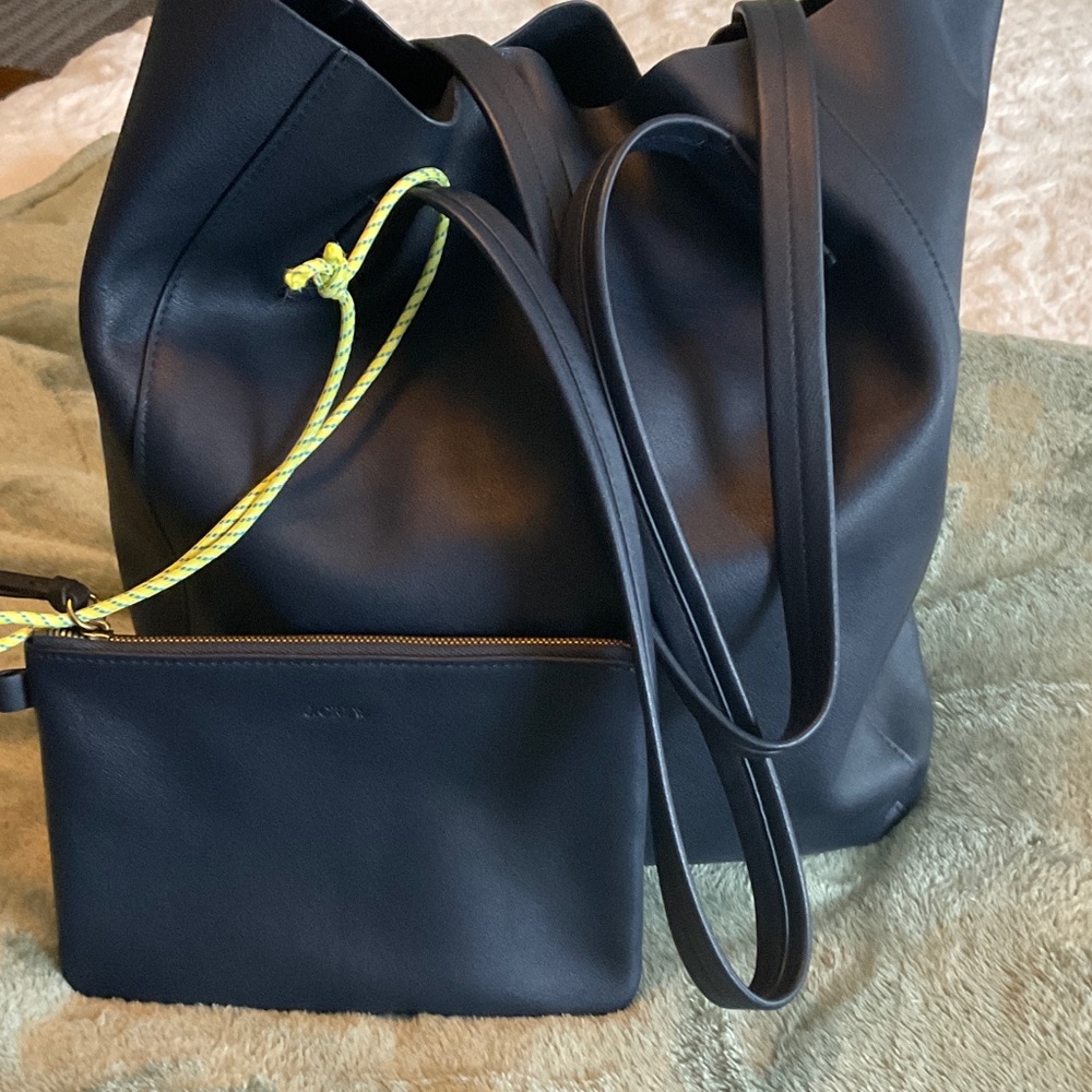 J. Crew Navy Blue Tote Bag with Yellow Accent EUC